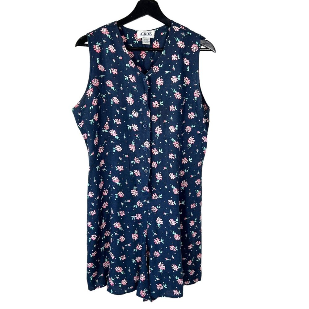 Vintage 90s Blue Floral Print Button Up Sleeveless Romper Large